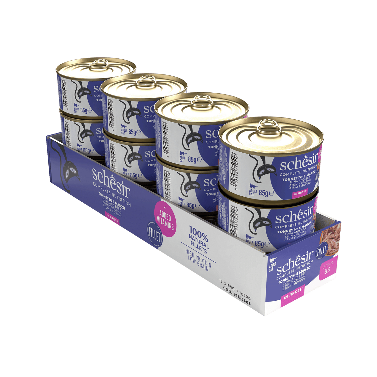 Cibo umido per gatti Schesir tonno e filetti di manzo con riso al naturale, lattina 85 g – immagine 2