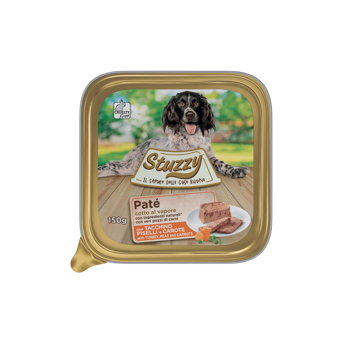 Cibo umido per cani Mister Stuzzy Dog tacchino con piselli e carote, vaschetta in alluminio