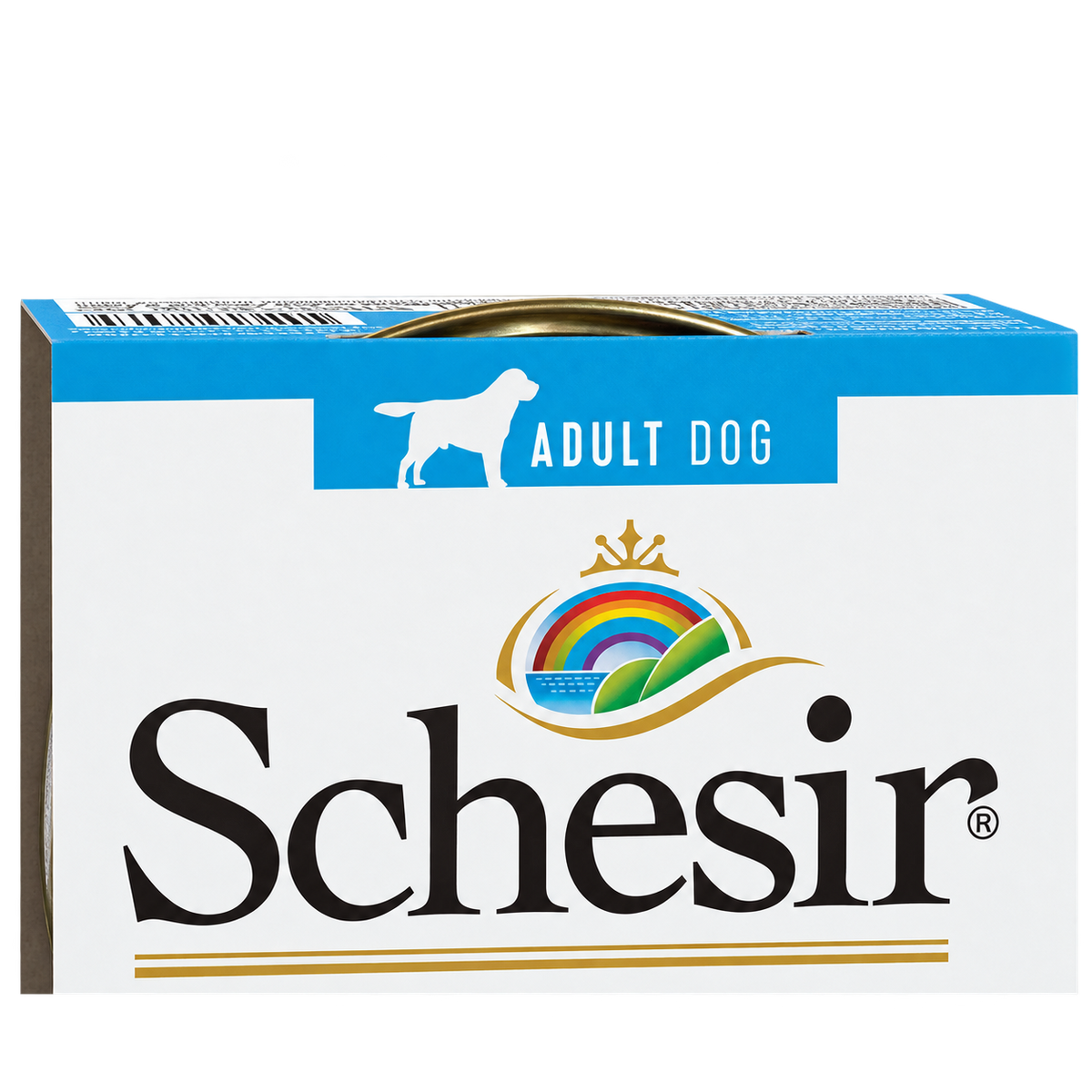 Dettaglio del marchio e della dicitura Adult Dog della confezione Schesir al tonno