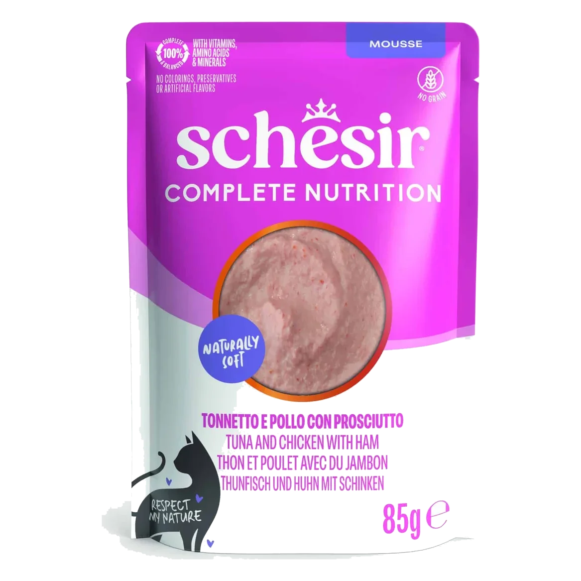 Cibo umido per gatti Schesir mousse tonno con pollo e prosciutto, busta 85 g