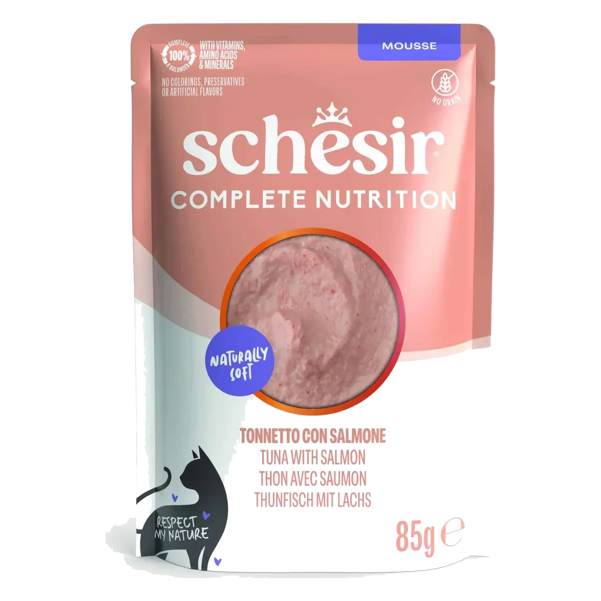 Cibo umido per gatti Schesir mousse tonno con salmone, busta 85 g