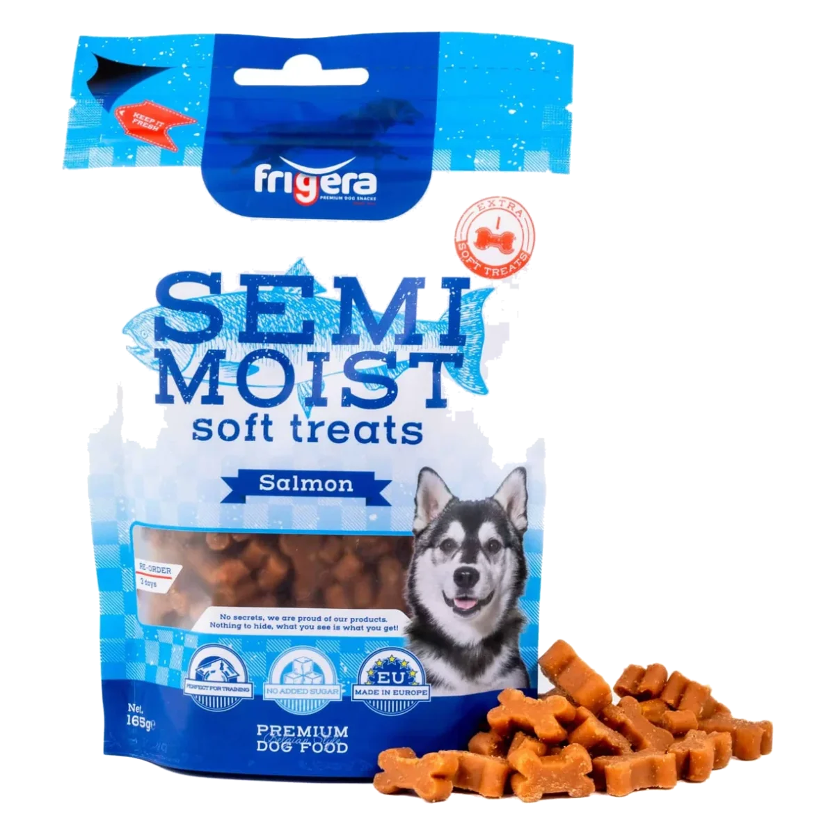 Snack semiumidi al gusto salmone per cani, blister da 165 g