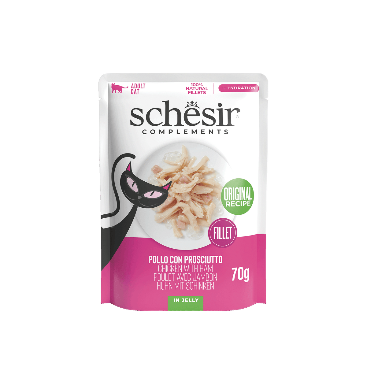 Cibo umido per gatti Schesir pollo con prosciutto, busta 70 g