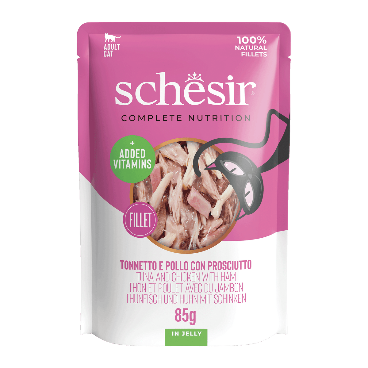 Cibo umido per gatti Schesir tonno con pollo e prosciutto, busta 85 g