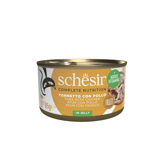 Cibo umido per gatti Schesir tonno con filetti di pollo, lattina 85 g