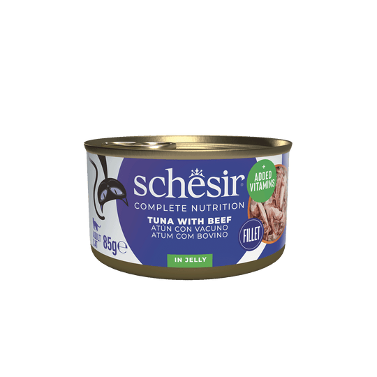 Cibo umido per gatti Schesir tonno con manzo, lattina 85 g