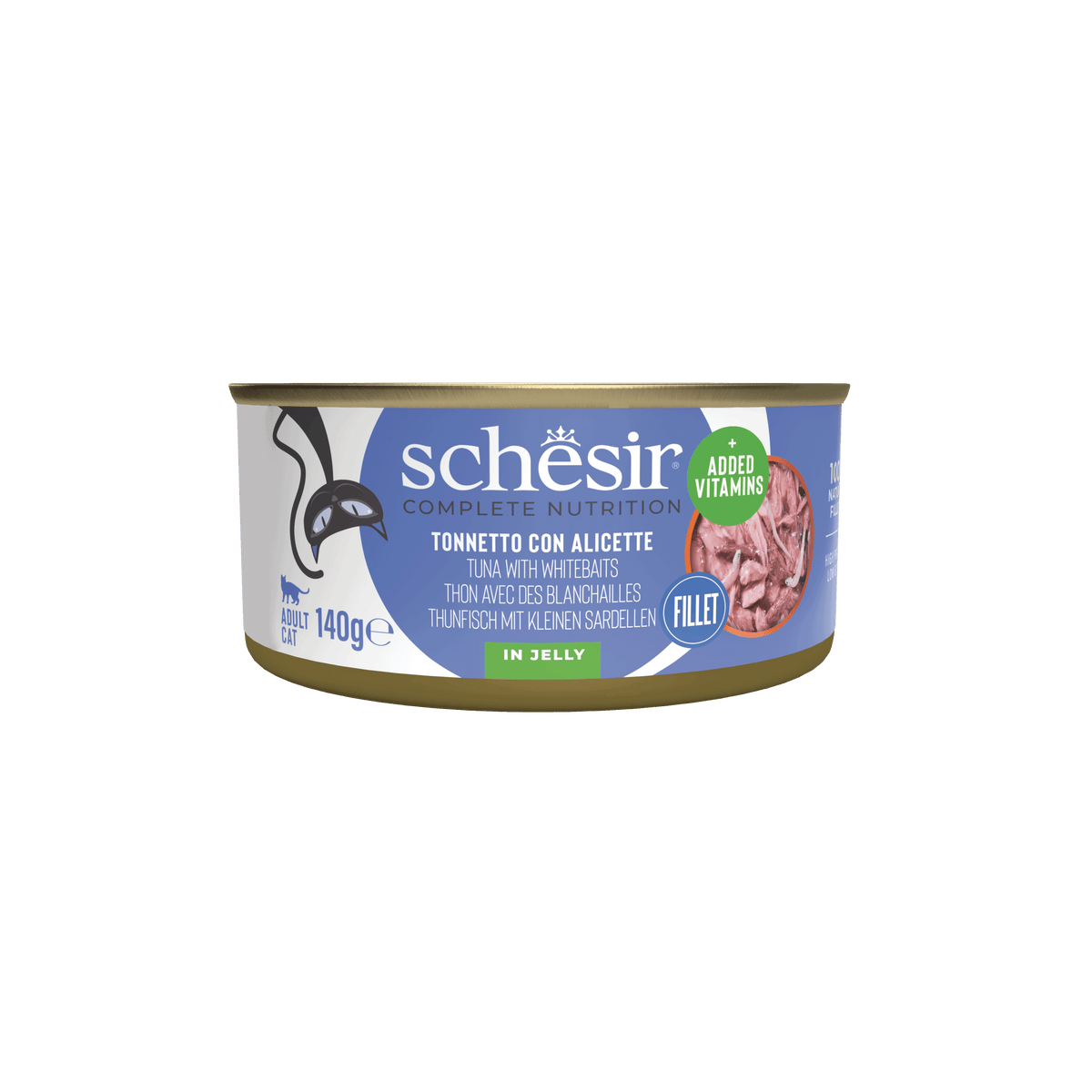 Cibo umido per gatti Schesir tonno e bianchetti in gelatina, lattina 140 g