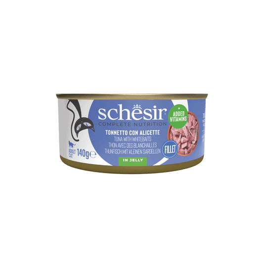 Cibo umido per gatti Schesir tonno e bianchetti in gelatina, lattina 140 g