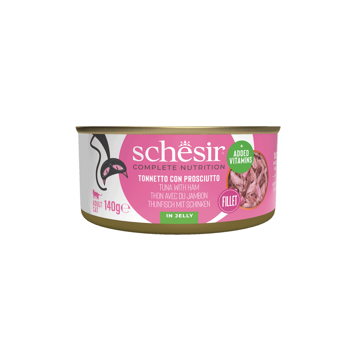 Cibo umido per gatti Schesir tonno con prosciutto in gelatina, lattina 140 g