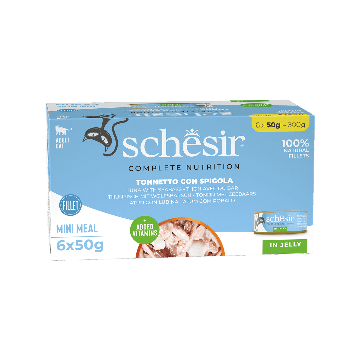 Cibo umido per gatti Schesir tonno con branzino, 6 × 50 g, multipack