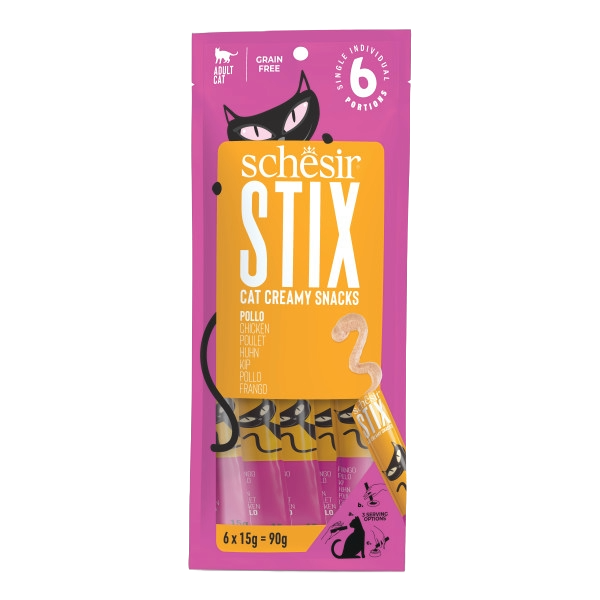 Schesir Snack Stix snack cremosi pollo per gatti, 6 × 15 g