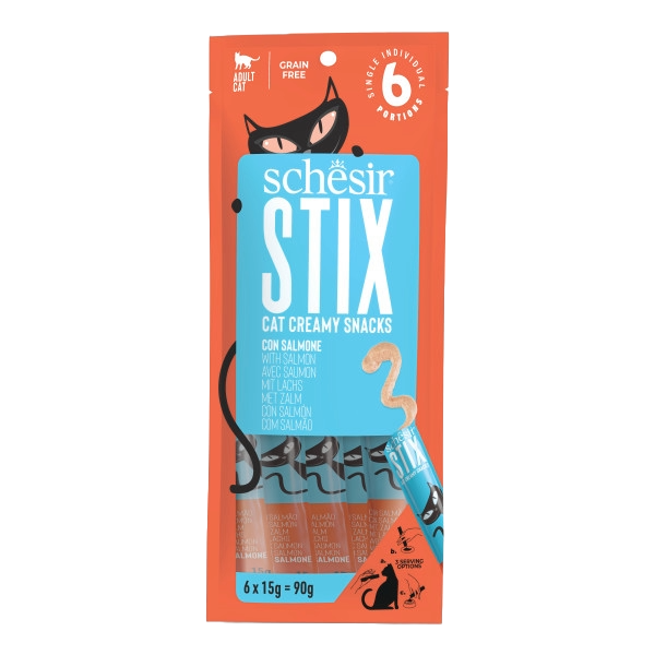 Schesir Snack Stix snack cremosi salmone per gatti, 6 × 15 g