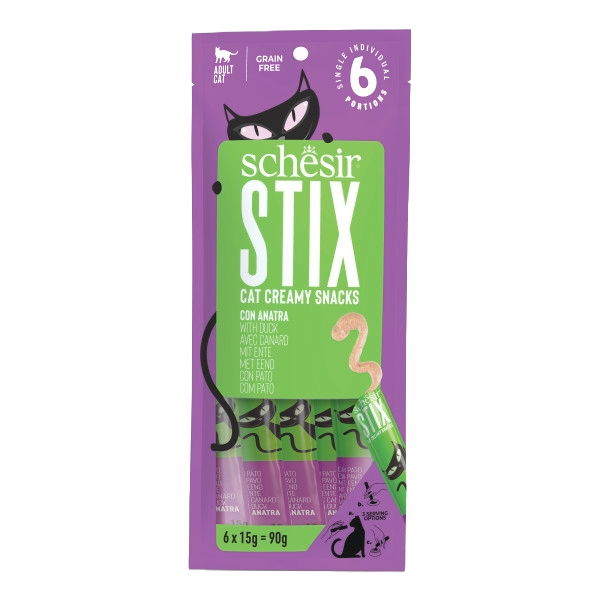 Schesir Snack Stix snack cremosi anatra per gatti, 6 × 15 g