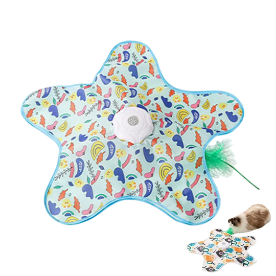 Alfombra de juego con pluma escondida y sonido para gatos, azul con dibujos - ZONLIDOOG