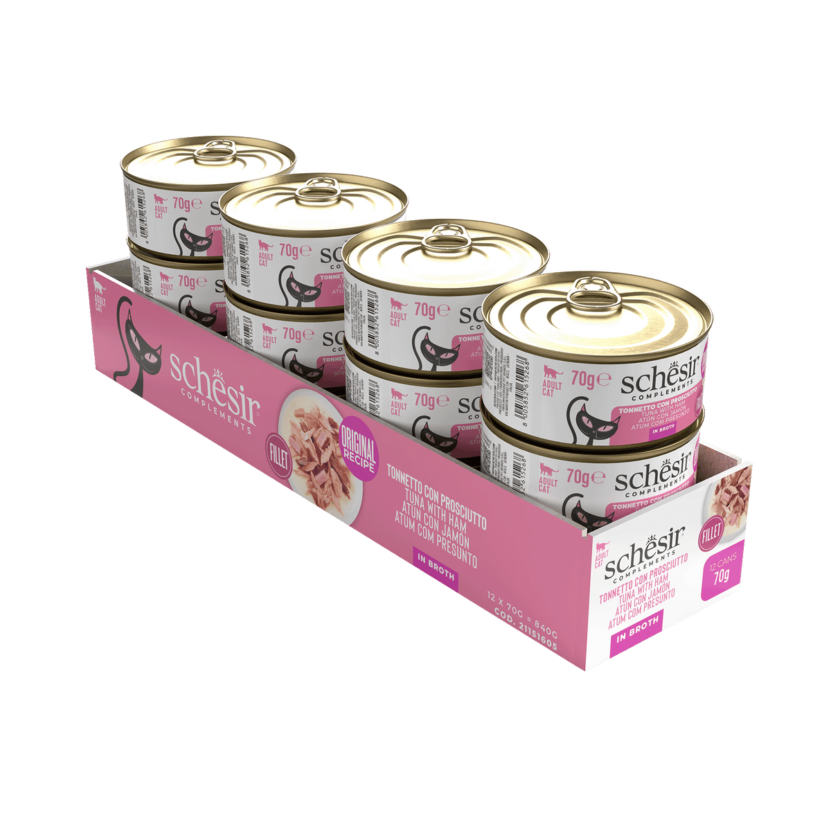 Cibo umido per gatti Schesir tonno con prosciutto in brodo, lattina 70 g – immagine 2
