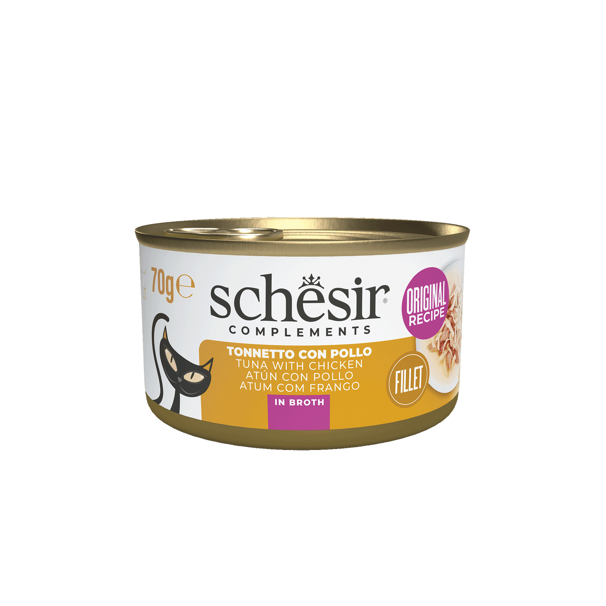 Cibo umido per gatti Schesir tonno e filetti di pollo in brodo, lattina 70 g
