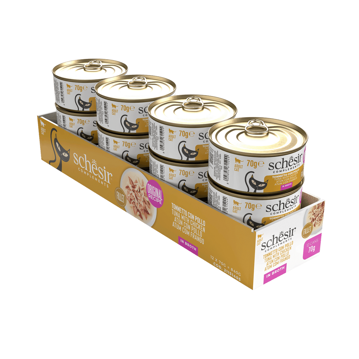 Cibo umido per gatti Schesir tonno e filetti di pollo in brodo, lattina 70 g – immagine 2
