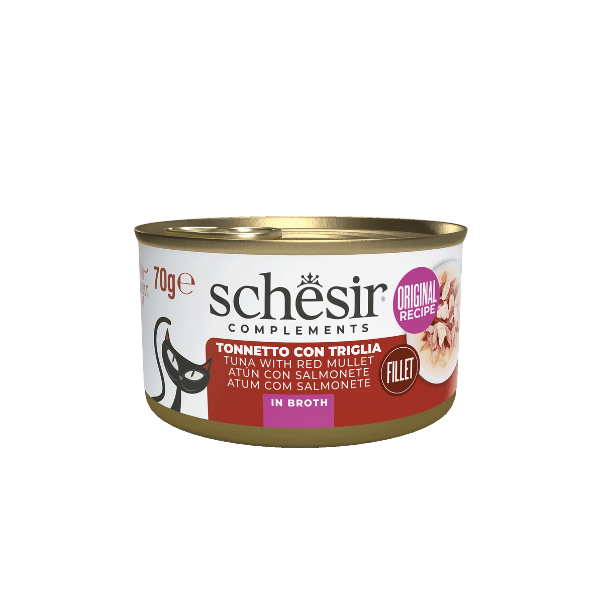 Cibo umido per gatti Schesir tonno con triglia in brodo, lattina 70 g