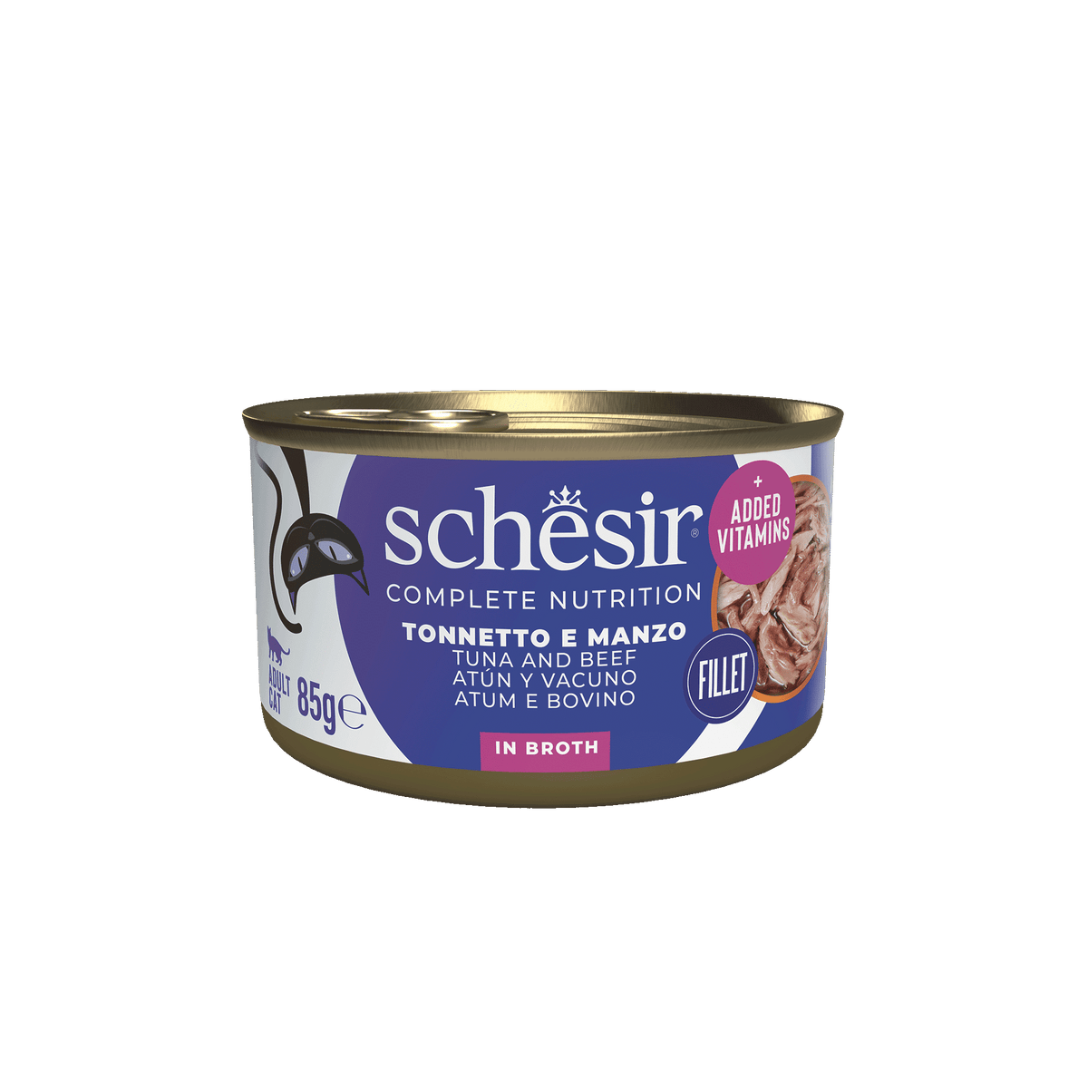 Cibo umido per gatti Schesir tonno e filetti di manzo con riso al naturale, lattina 85 g