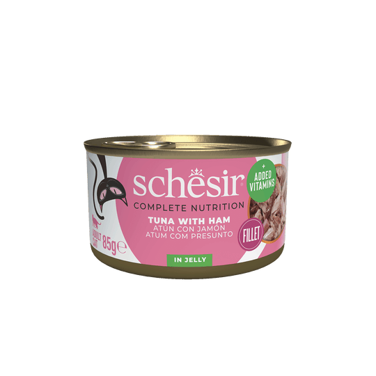 Cibo umido per gatti Schesir tonno con prosciutto, lattina 85 g