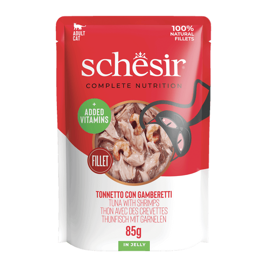 Cibo umido per gatti Schesir tonno con gamberetti, busta 85 g