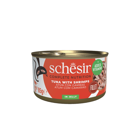 Cibo umido per gatti Schesir tonno con gamberetti, lattina 85 g