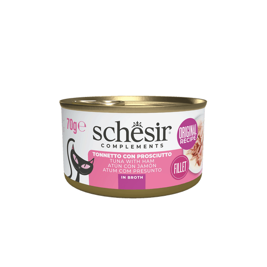 Cibo umido per gatti Schesir tonno con prosciutto in brodo, lattina 70 g