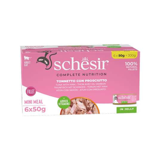 Cibo umido per gatti Schesir tonno con prosciutto, 6 × 50 g, multipack