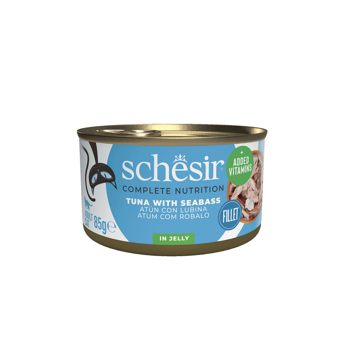 Cibo umido per gatti Schesir tonno con branzino, lattina 85 g