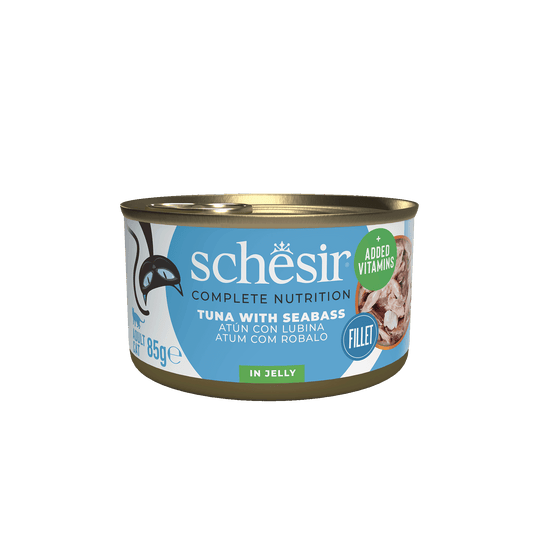 Cibo umido per gatti Schesir tonno con branzino, lattina 85 g