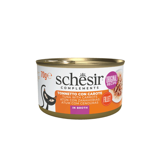 Cibo umido per gatti Schesir tonno con carota in brodo, lattina 70 g