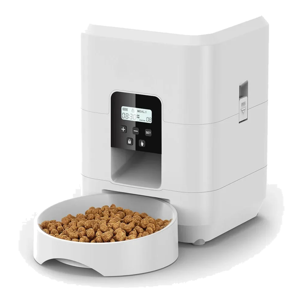 Distributore automatico cibo gatti bianco con pulsanti e display