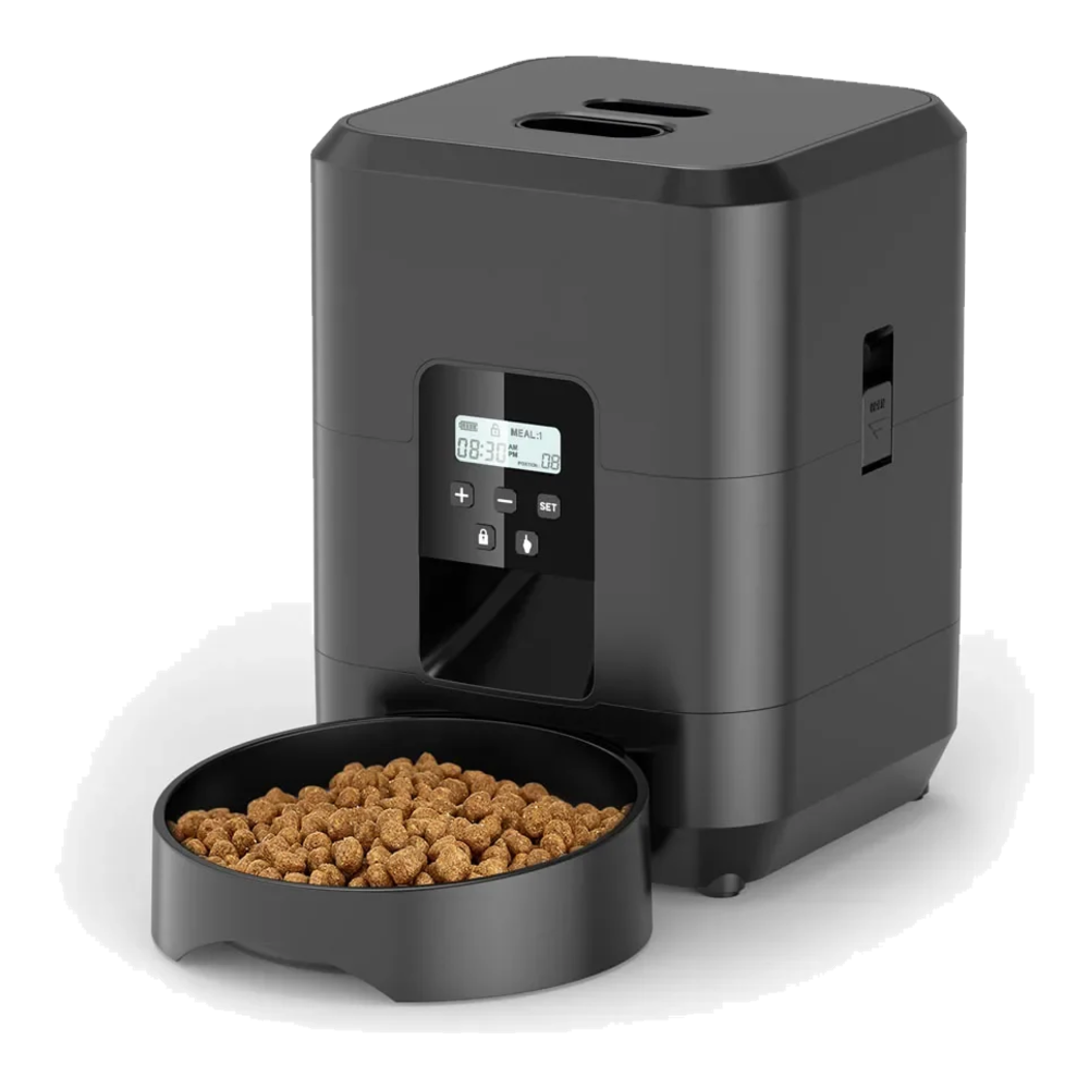Distributore automatico cibo gatti nero con pulsanti e display