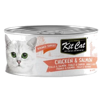 Cibo umido per gatti Kit Cat Toppers pollo e salmone in gelatina 80 g