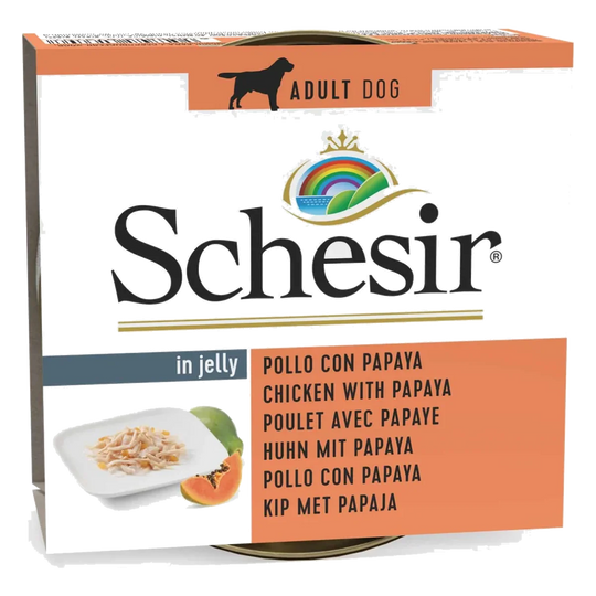 Cibo umido per cani adulti Schesir pollo con papaya in gelatina, 150 g