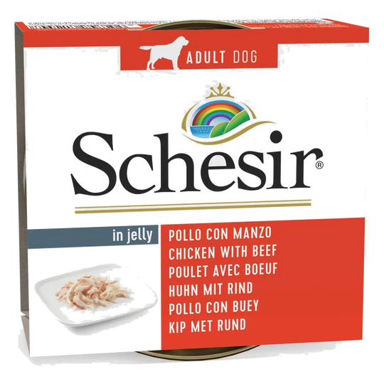 Cibo umido per cani adulti Schesir pollo con manzo in gelatina, 150 g