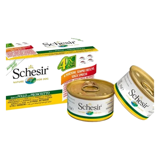 Cibo umido per cani adulti Schesir pollo e prosciutto, 4 × 85 g
