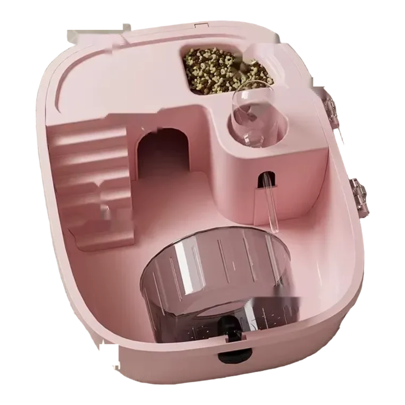 Gabbia compatta per criceto rosa con rifugio, mangiatoia, abbeveratoio, scaletta e ruota
