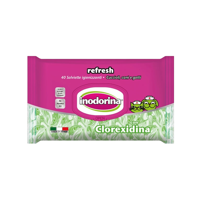 Salviette Inodorina Refresh con clorexidina per cani e gatti