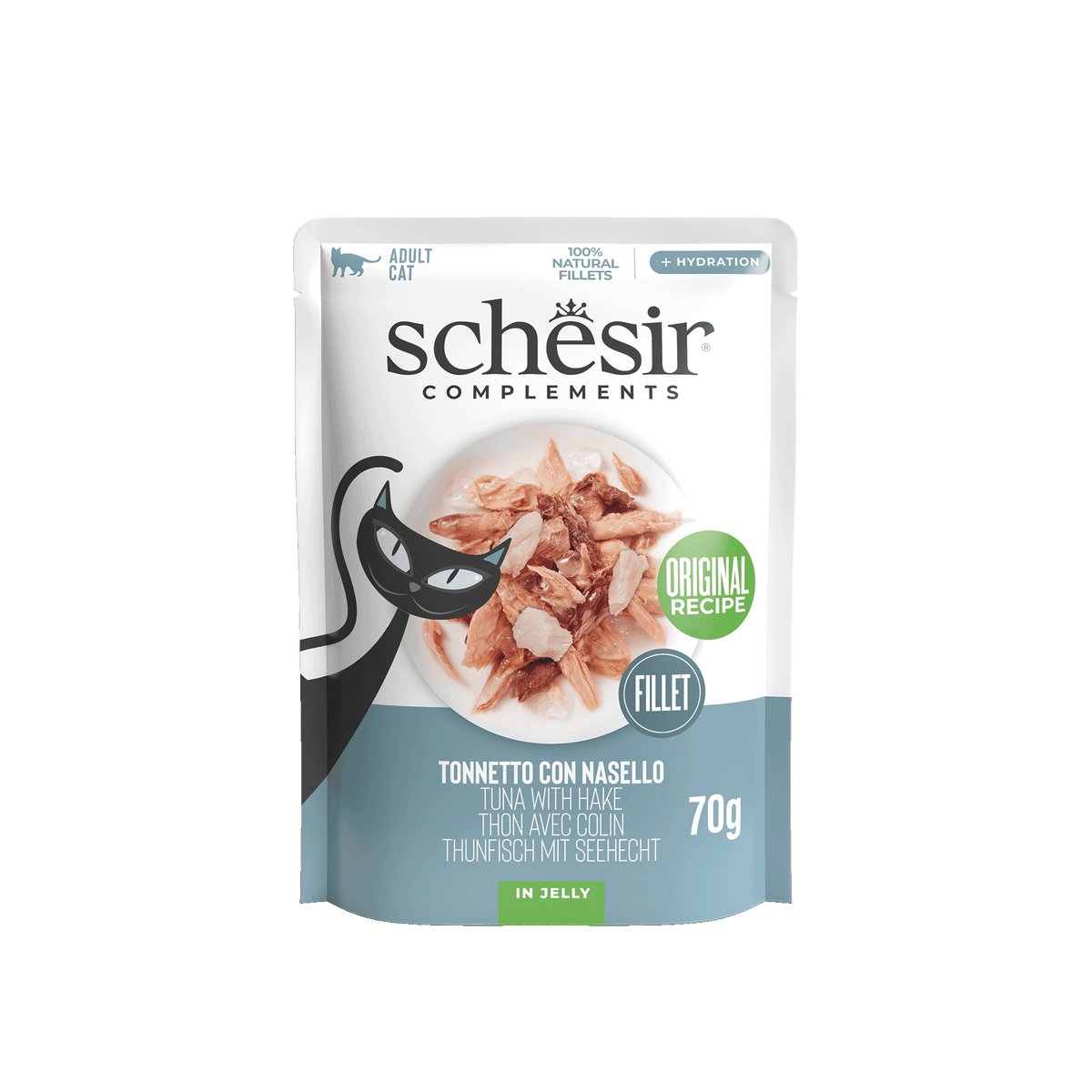 Cibo umido per gatti Schesir tonno con nasello, busta 70 g