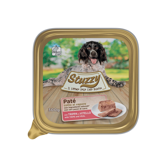 Cibo umido per cani Mister Stuzzy Dog trippa e vitello, vaschetta in alluminio