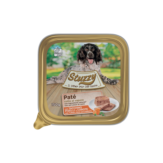 Cibo umido per cani Mister Stuzzy Dog tacchino con piselli e carote, vaschetta in alluminio