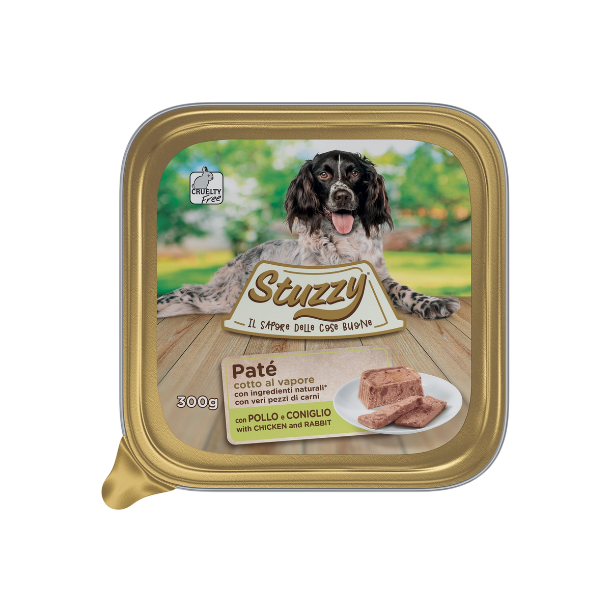 Cibo umido per cani Mister Stuzzy Dog pollo e coniglio, vaschetta in alluminio