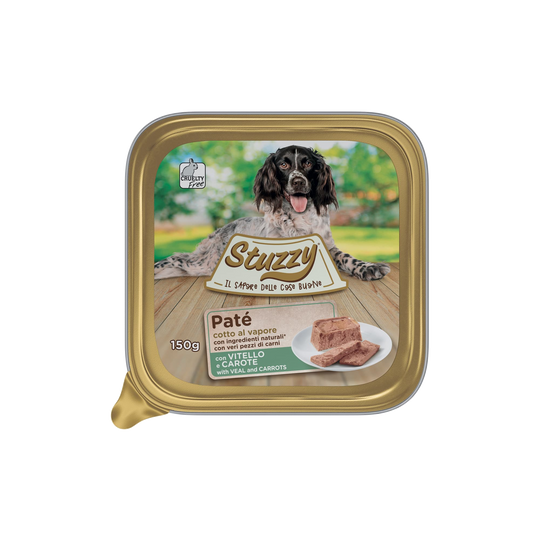 Cibo umido per cani Mister Stuzzy Dog vitello con carote, vaschetta in alluminio