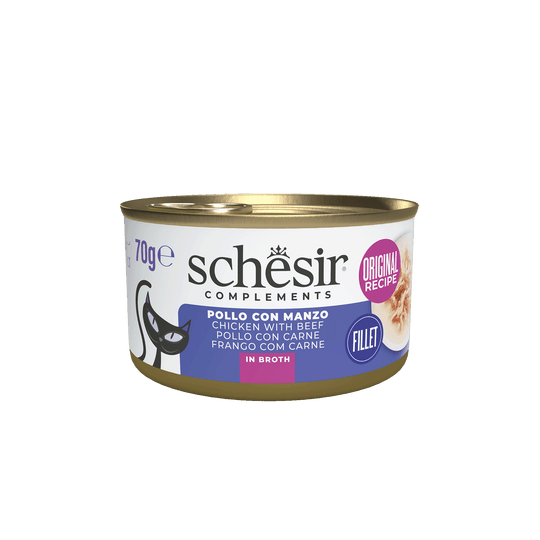 Cibo umido per gatti Schesir filetti di pollo con manzo in brodo, lattina 70 g