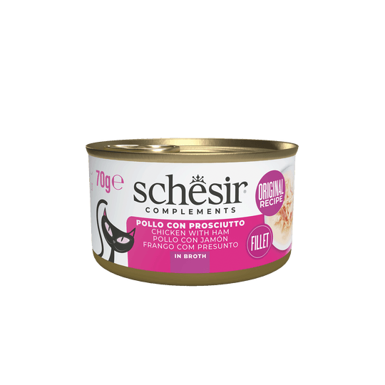 Cibo umido per gatti Schesir pollo con prosciutto in brodo, lattina 70 g