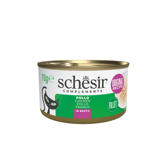 Cibo umido per gatti Schesir filetti di pollo in brodo, lattina 70 g