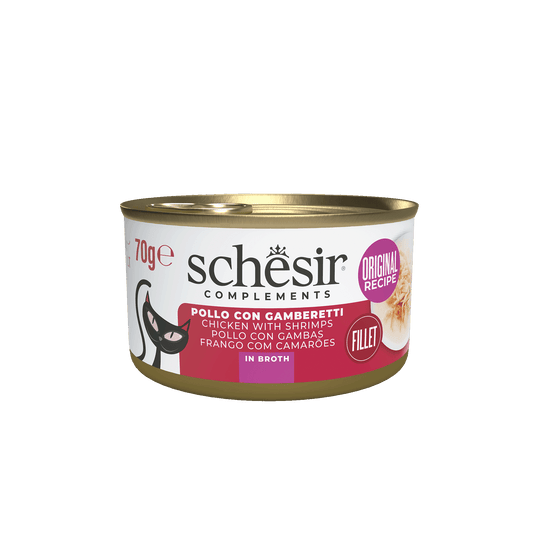 Cibo umido per gatti Schesir filetti di pollo con gamberetti in brodo, lattina 70 g