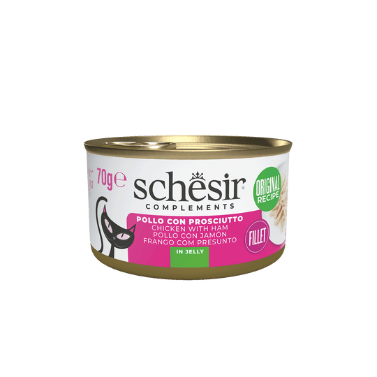 Cibo umido per gatti Schesir filetti di pollo con prosciutto in gelatina, lattina 70 g