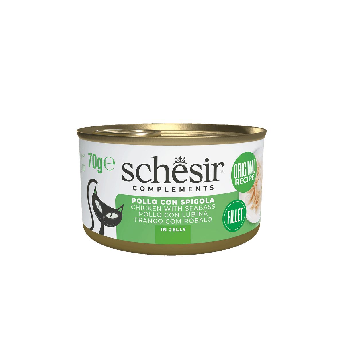 Cibo umido per gatti Schesir pollo con branzino in gelatina, lattina 70 g